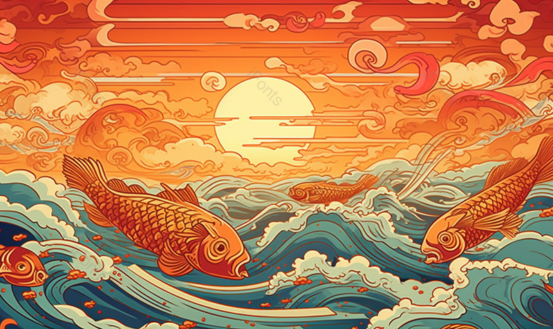 日出日落太阳从海面升起海浪上跳起的锦鲤喜庆中国风国潮插画,插画/手绘图,插画/手绘图库,插画/手绘图下载,插画/手绘